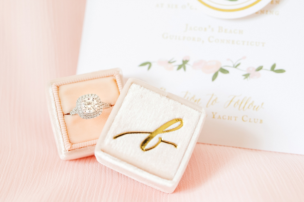 light pink mrs. box with engagement ring and invitation suite
